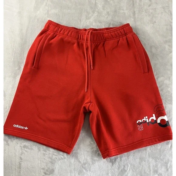 Adidas Original Logo Play Short Men Medium Red Trefoil Fleece Zip Pocket Outdoor