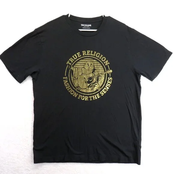 True Religion T Shirt Mens Sz Extra Large Black‎ G old Foil Graphic Short Sleeve