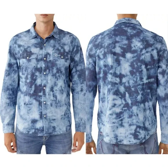 True Religion Tie Dye Western Shirt‎ Indigo Bleached Snap Button Denim