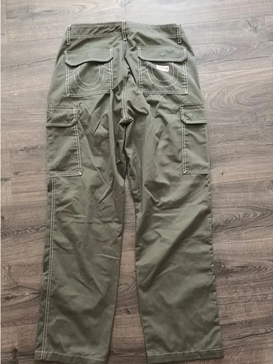 True Religion Olive Cargo Pants with Contrast Stitching