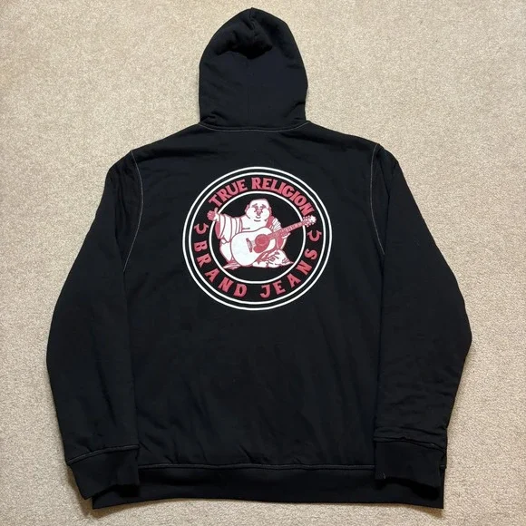 True Religion Hoodie Sweatshirt Mens 3XL Black‎ Logo Seal Sherpa Full Zip Buddha