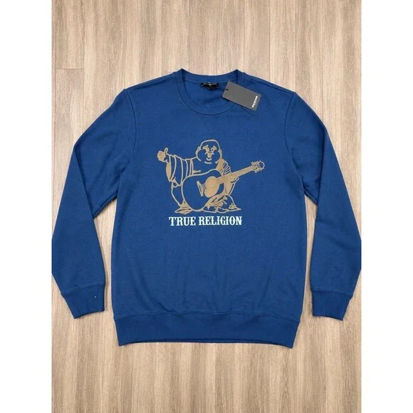 True Religion NWT Mens XL Blue Crewneck Sweatshirt Buddha Guitar Graphic