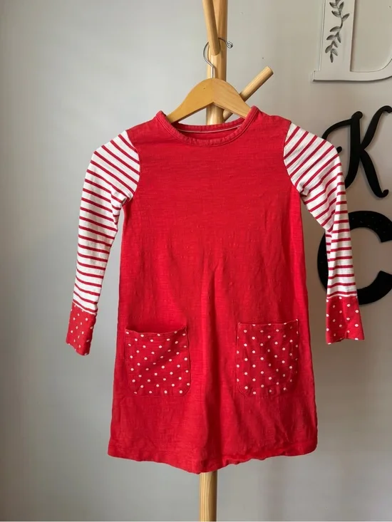 Mini Boden Hopscotch Dress Red Cotton Stripes Polka Dots Pockets Size 8-9