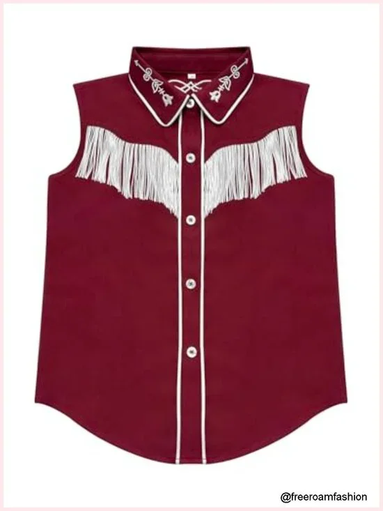 Sleeveless Fringe Cowgirl Blouse with Embroidered Collar Button Down