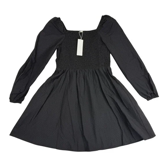Copper Key Mini Dress Girls Large Black Smocked Pleated‎ Square Neck Puff Sleeve