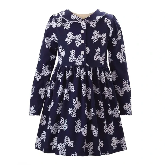 New! Rachel Riley navy cotton polka dot bow dress