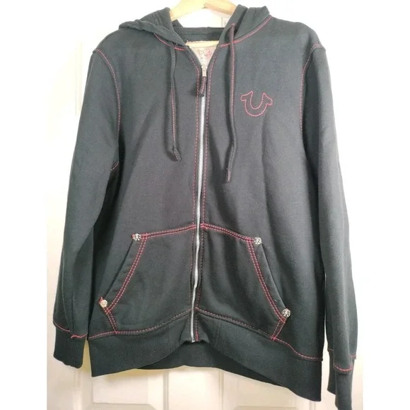 True Religion Mens XL Black Red Contrast Stitch Full Zip Hoodie Buddha Worldtour
