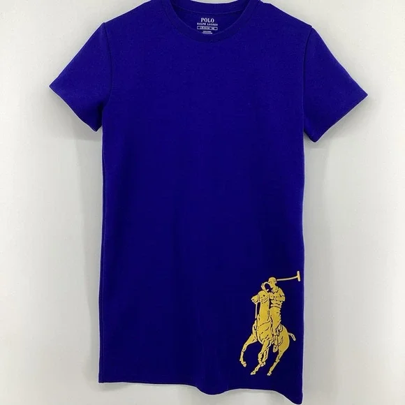 Girls Polo Ralph Lauren Short Sleeve Big Pony Cotton Dress- Blue- Large (14/16)