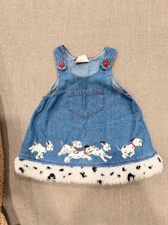Vintage Disney 101 Dalmatians Denim Dress Toddler Size 9M Faux Fur Hem