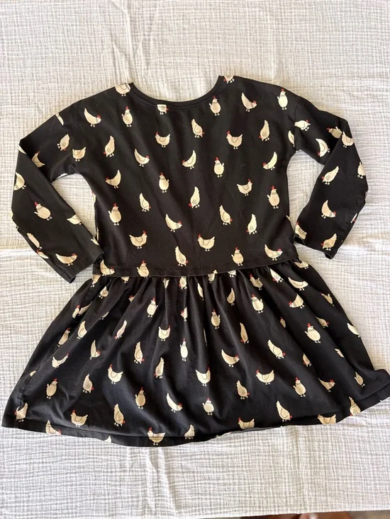 Tea Collection Black Dress with Cream Chicken Print