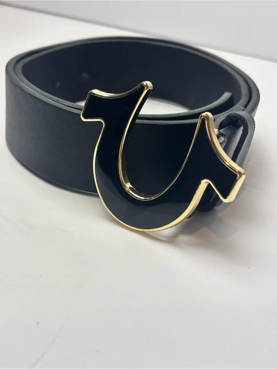 True Religion Black Leather Belt with Gold-Trim Signature Buckle