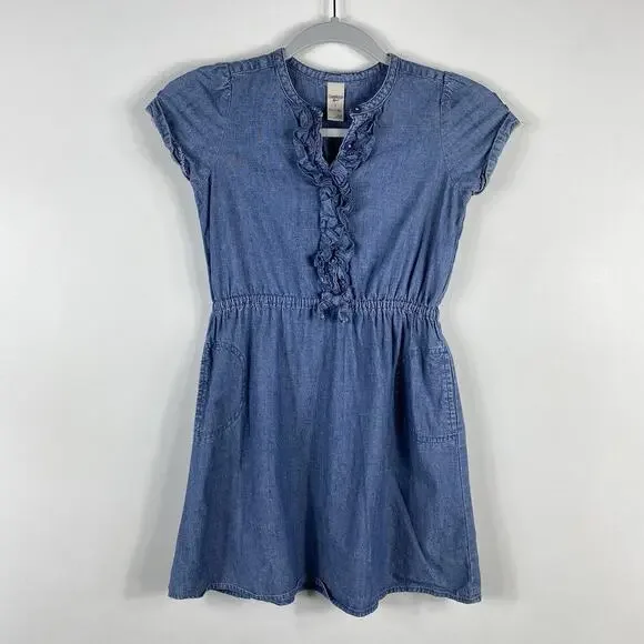 OshKosh B'Gosh Girls Size 7 Ruffle Detail Denim Dress Blue 100% Cotton