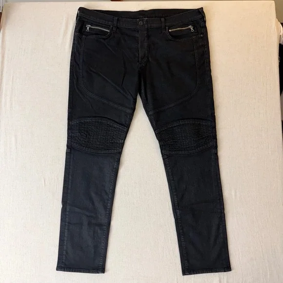 True Religion Geno Jeans Mens 42 Black Moto Biker Relaxed Slim Fit Stretch USA