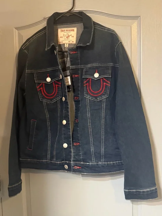 True Religion Indigo Denim Jacket with Red Embroidery S