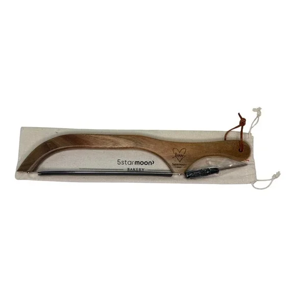 5 STAR MOON Fiddle Bow Bread Knife NEW Acacia Wood Serrated Blade Leather Strap