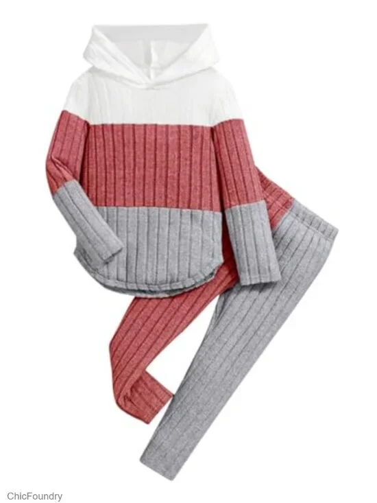 Girls Ribbed Colorblock Hoodie Sweatsuit Set Long Sleeve Pullover and Pants