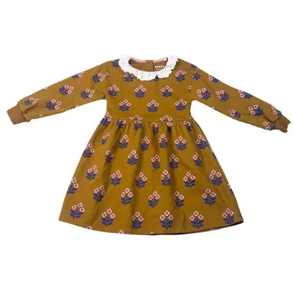Mini Boden Girls Mustard Yellow Floral Dress Frilled Collar Long Sleeve Size 6-7
