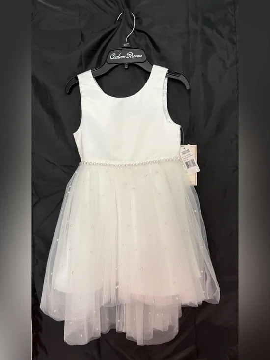 Girls’ Couture Princess White Pearl Trim Tulle Dress