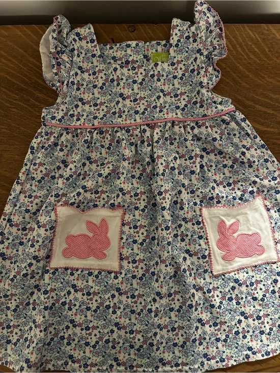 Floral Ruffle Dress with Pink Bunny Pockets