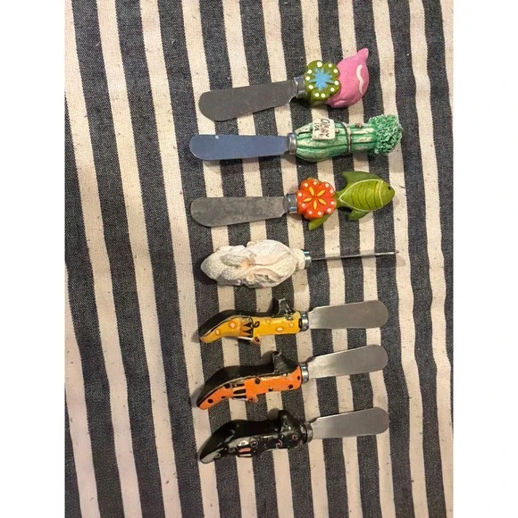 7pc Mixed Novelty Cheese Spreaders Whimsical Cat Bunny Celery Fish Bird Kitsch