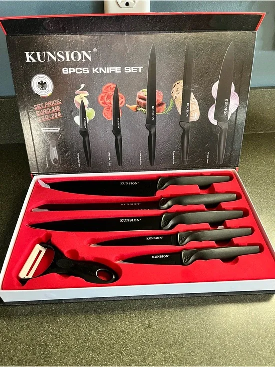 KUNSION 6-Piece Black Kitchen Knife Set with Peeler.  Two sets available.