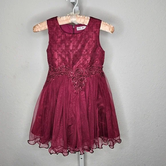 Beautees Girls Burgundy Sequin Tulle Party Dress Size 6X Formal Holiday Wine