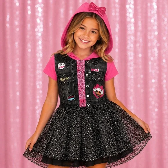LOL Surprise Girls Pink Hooded Dress Diva Faux Denim Leopard Tulle Size 10/12