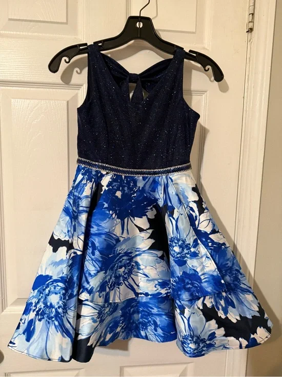 Girls Navy & Blue Floral Sparkle Party Dress with Rhinestone Waist