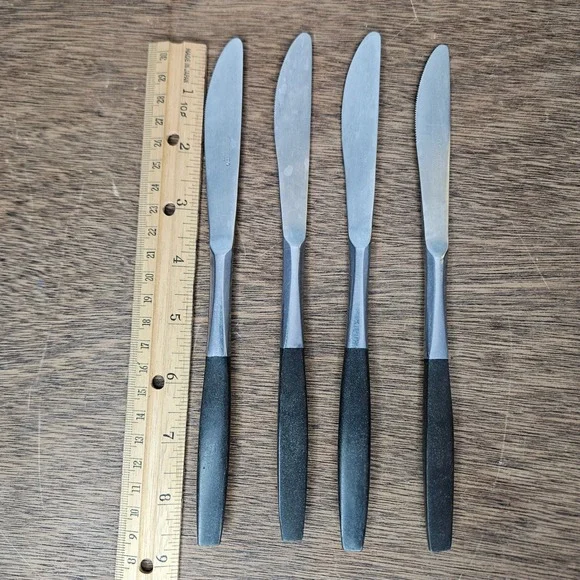 Kingston Stainless Japan Steak Dinner‎ Knives Set 4 Black Tapered Handle MCM Vtg