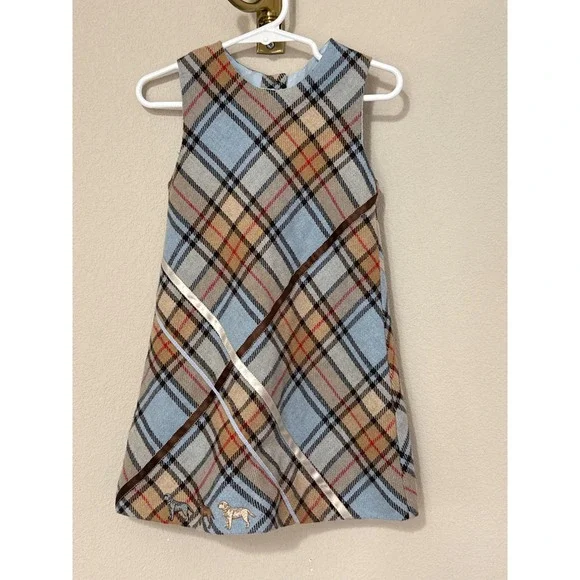 Tartine et Chocolat Plaid Jumper Dress Kids Sz 3 Blue Wool Blend Dog Embroidered