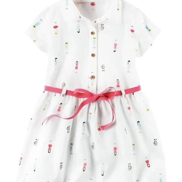 Carter’s Poplin Shirt Dress with pink ribbon belt - white - 3T
