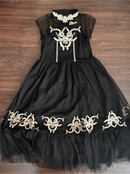 Joyfolie Black Party Dress with White Lace Embroidery