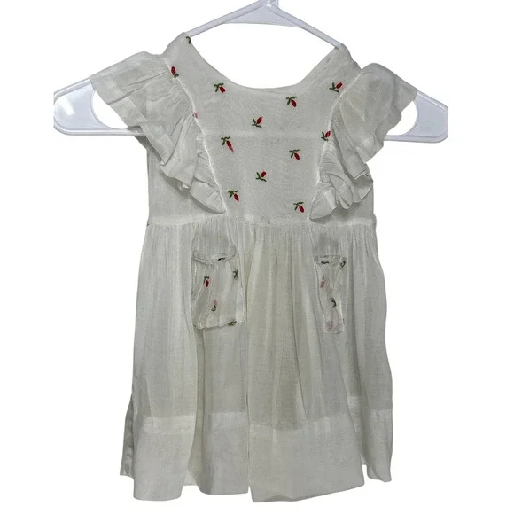 VTG Girls White Embroidered Floral Ruffle Flutter Sleeve Button Back Dress‎ 9mo