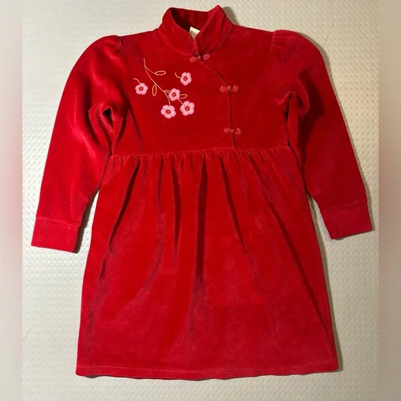 Croco kids red velvety dress mandarin collar‎ floral embroidery child 12 NWT