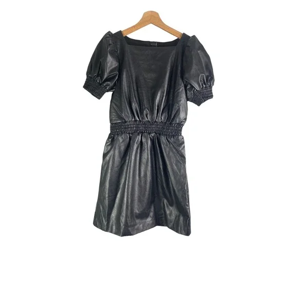 Habitual Girls Dress Black Faux Leather Puff Sleeve Smocked Waist Size 14‎