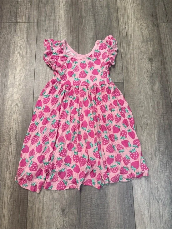 Little Sleepies Pink Strawberry Print Flutter Sleeve Dress