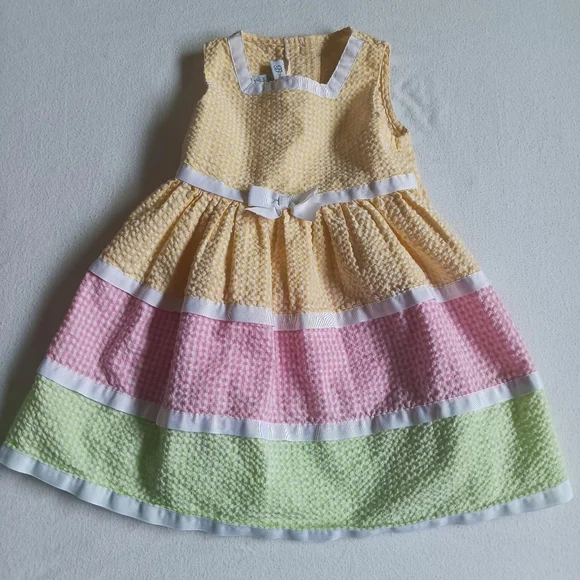 Bonnie Jean Sz 4T Yellow, White, Pink, And Green  Checkered Dress With Bow