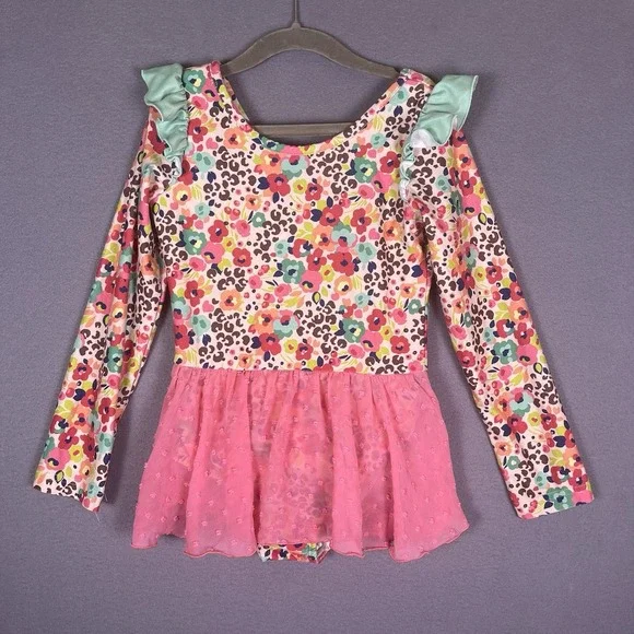 Cheeky Plum Girls Dance Leotard Dress 6Y Floral Ruffle Sleeve Ballet Tap Lyrical