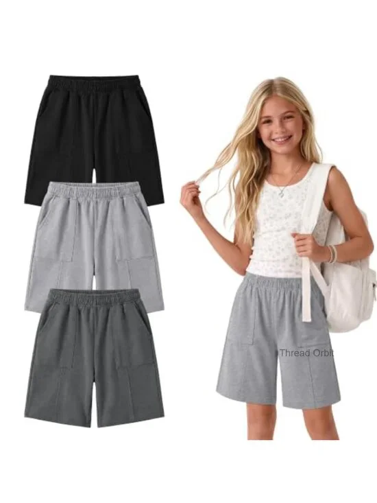 3 Pack Girls' Bermuda Shorts Knee Length Straight Long Shorts Summer Athletic