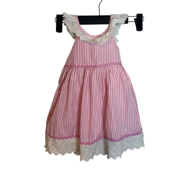 Rare Editions Vintage Girl’s Pink Seersucker White Eyelet Ruffle Dress