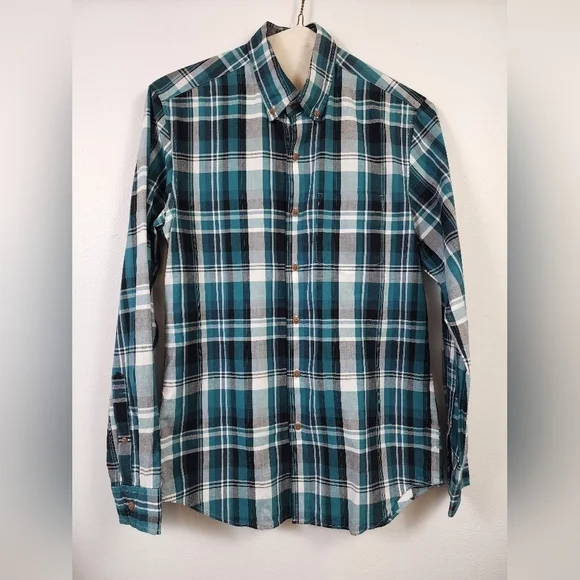 J. Crew Teal Plaid Button Down Shirt Long Sleeve Cotton Size Small