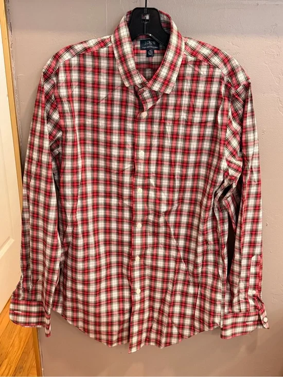 J. Crew Red and White Plaid Button-Down Shirt Classic Fit Flex Wrinkle Free #490