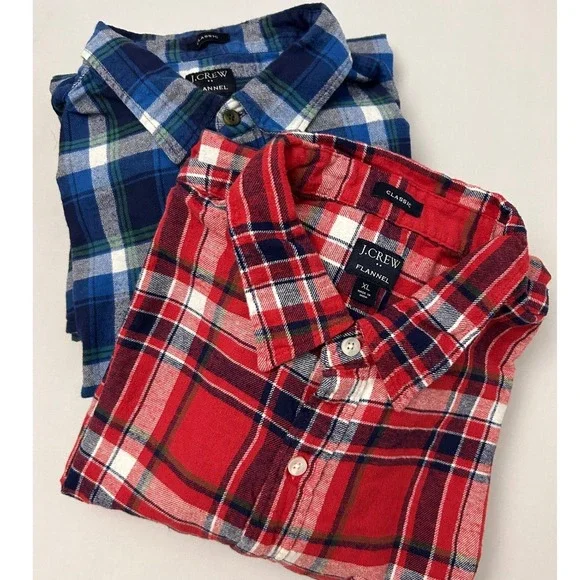 J‎ Crew Shirts Mens XL Blue Red Flannel Plaid Long Sleeve Button Down Lot of 2