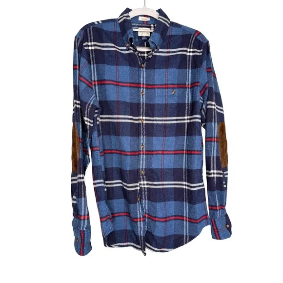J.crew blue checkered flannel plaid shirt elbow‎ patches