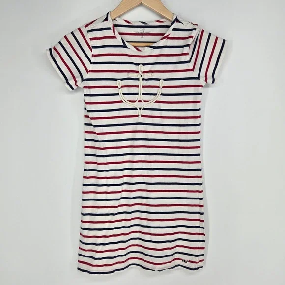 Vineyard Vines T-Shirt Dress Girls M 10-12 White Striped Anchor Nautical Coastal