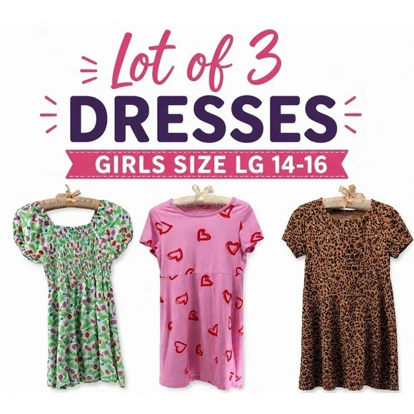 Girls Dress Lot 3 Sz L 14-16 Strawberry Cottagecore Heart Print Leopard Trendy