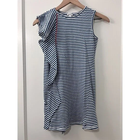 Splendid Girls Sleeveless Blue White Stripe Dress Ruffle Cotton Modal Size 12