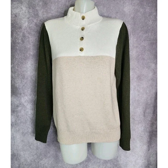 J.Crew Color Block Mock Neck Sweater Pullover Mens Medium Beige Green Button‎ Up