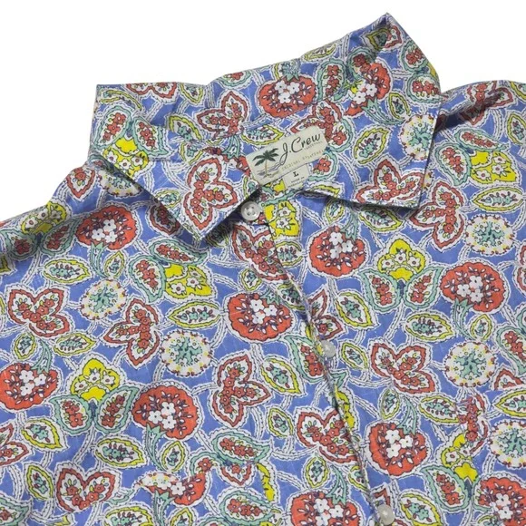 J. Crew Mens Large Short Sleeve Cotton Paisley‎ Floral Button Down Shirt Blue