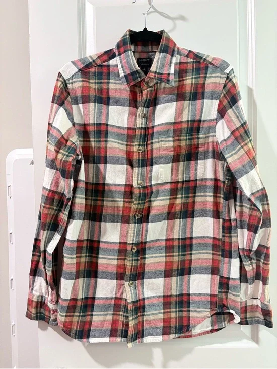 J. Crew Men's Red, Green and White Plaid Flannel Button-Down Shirt